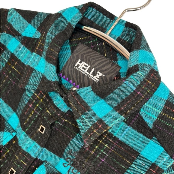 NWT HELLZ TEAL BLACK PLAID COLLARED BUTTON UP LONG SLEEVE 100% COTTON, SMALL - Picture 3 of 15